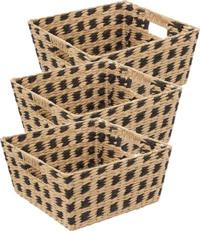 Five Opbergmand - 3x - gevlochten riet - vierkant - beige/ zwart - 31 x 15 cm - mandje - opberger
