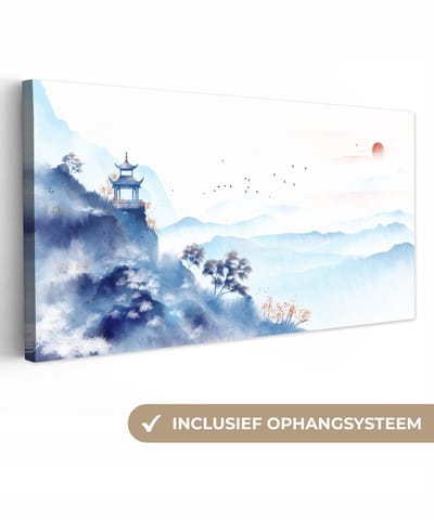 Canvas - Schilderij - Tempel - Bergen - Natuur - Oil painting - 40x20 cm - Muurdecoratie - Wonen
