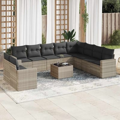 vidaXL - 11-delige - Loungeset - met - kussens - poly - rattan - lichtgrijs