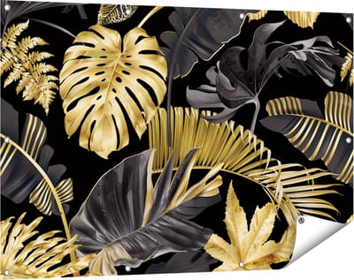 Gards Tuinposter Gouden Tropische Bladeren - 120x80 cm - Tuindoek - Tuindecoratie - Wanddecoratie buiten - Tuinschilderij