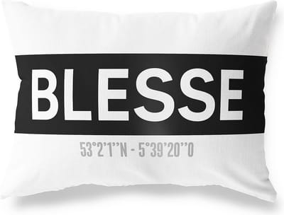 Tuinkussen BLESSE - FRIESLAND met coördinaten - Buitenkussen - Bootkussen - Weerbestendig - Jouw Plaats - Studio216 - Modern - Zwart-Wit - 50x30cm