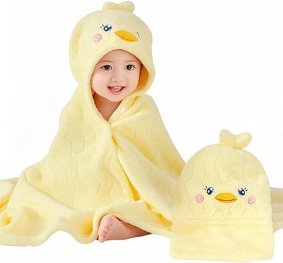 Badhanddoek - Babybadhanddoe - ultrazachte handdoek met capuchon - Schattige Met patroon Badjasbabyhanddoek met capuchon - Koraalvlies heeft een sterke waterabsorptie - Geschikt voor pasgeborenen en peuters - 120×80cm （geel）- 1 stuk