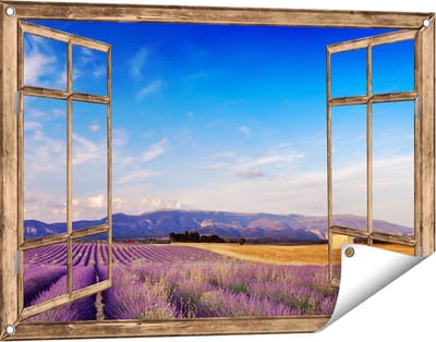 Gards Tuinposter Doorkijk Raam met Lavendel Veld - 90x60 cm - Tuindoek - Tuindecoratie - Wanddecoratie buiten - Tuinschilderij