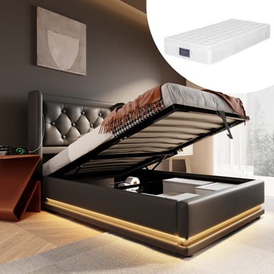 Gestoffeerd eenpersoonsbed 90*200 cm, zwart PU-materiaal, hydraulisch opbergbed, gewatteerd hoofdeinde met USB Type-C oplaadfunctie, 3-zijdige LED-verlichting (inclusief matras)
