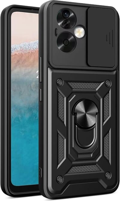 Casemania Hoesje Geschikt voor Oppo A79 - Zwart - Anti-Shock Hybrid Armor Back Cover - Hoes met Kickstand Ring en Camera Bescherming