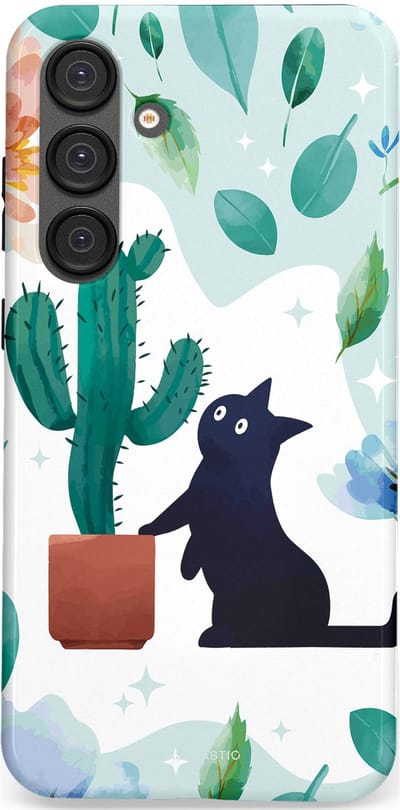 Casetastic hoesje geschikt voor Samsung Galaxy S25 Plus - Dubbellaagse bescherming - Cactuskat - Fashion Case - Lichtgrijs Turquoise Wit Mintgroen