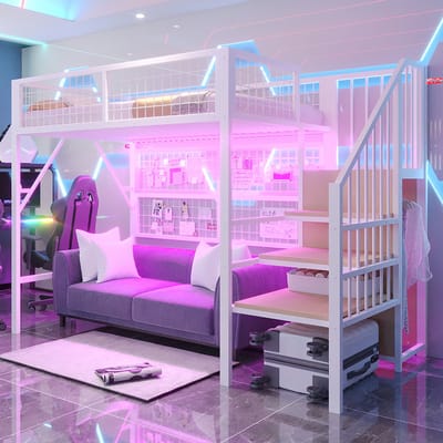 Pugsdrly IJzeren bed 90*200 cm Hoogslaper Geschikt voor kinderen en tieners Metalen frame Veelzijdig design Met opbergtrap Met open kledingkast APP-gestuurde LED-lichtlijsten Wit