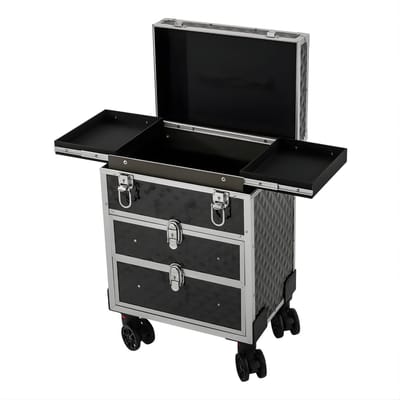 Make-up Koffer Verrijdbaar – 3 Lagen met 2 Laden – 360° Draaibare Wielen – ABS & Aluminium – Cosmetische Organizer – 30 kg Draagkracht – Zwart