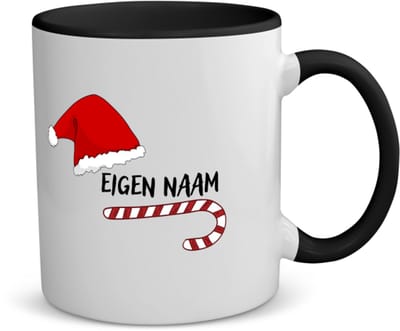 Akyol - kerst zuurstok en kerstmuts met eigen naam koffiemok - theemok - zwart - Kerstmis - kerst beker - winter - kerst - christmas - kerst cadeau - 350 ML inhoud
