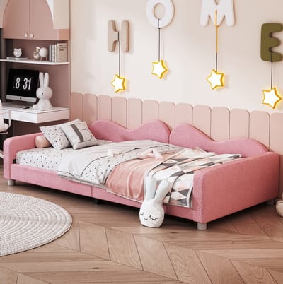 MEUNIQ Kinderbed 90x200 cm bedbank met teddystof, rugleuning en armleuningen, gestoffeerd bedframe met 12 latten, eenpersoons bed voor kinderkamer, roze