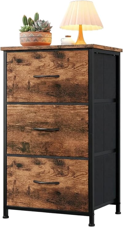 Moderne Ladekast met 3 Stoffen Laden - Compacte Commode met Houten Bovenblad - Nachtkastje voor Slaapkamer, Woonkamer & Hal - bruin - 75 cm Hoog