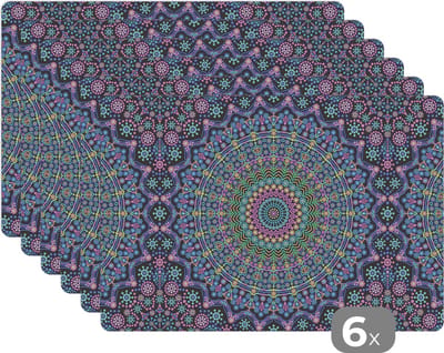Placemat - Placemats kunststof - Mandala - Hippie - Regenboog - Neon - Patronen - 45x30 cm - 6 stuks - Hittebestendig - Anti-Slip - Onderlegger - Afneembaar