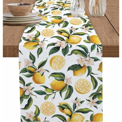 Zomer Citroen Bloemig Linnen Tafel Runner Bruiloft Feest Decor Waterverf Citroen Groen Blad Tafel Runners Keuken Eettafel Decor 150x33cm