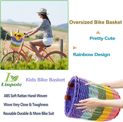Fietsmand voor kinderen en volwassenen, mooie schattige handgeweven grote diepe regenboog jongens meisjes kinderen fietsmand, scooter en volwassenen cruiser fietsmand, 9 x 7,5 inch