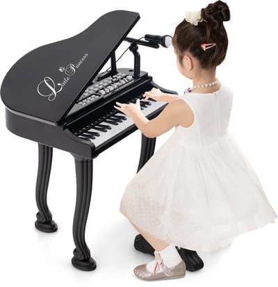 COSTWAY Kindertoetsenbord met 37 toetsen en kruk, elektronisch pianotoetsenbord, draagbaar met microfoon, led-leer-modus, opname- en afspeelfunctie, muziekinstrument voor kinderen vanaf 3 jaar (zwart)