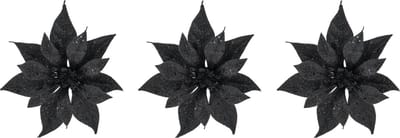3x stuks decoratie bloemen kerststerren zwart glitter op clip 18 cm - Decoratiebloemen/kerstboomversiering