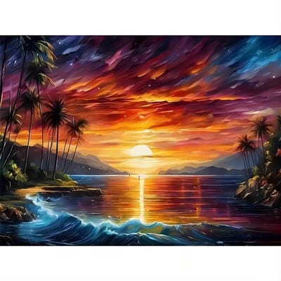 diamond painting zonsondergang tussen het gebergte over het water spiegelend 40 x 50 cm
