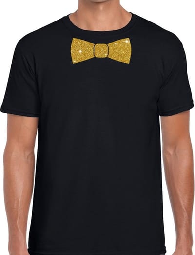 Feestkleding t-shirt - met gouden strikje - zwart - voor heren - vlinderdas - glitter and glamour S