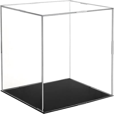 Transparante plexiglas vitrinekast met zwarte basis, stofdicht voor miniatuurfiguren en collectibles, 15 x 15 x 15 cm