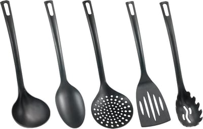 Metaltex - Keukengerei Set - Spatelset - 5 spatels - Soeplepel, pollepel, schuimspaan, keukenspatel en spaghettilepel - Vaatwasserbestendig - Nylon - Zwart
