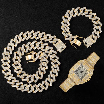 20mm ketting + horloge + armband hiphop Miami Curb Cubaanse ketting Iced Out geplaveide strass steentjes Cz bling rapper voor heren sieraden 8 inch with 20 inch beige