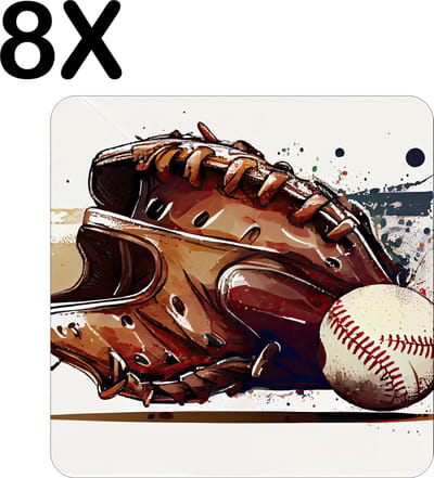 Luxe Placemat - Getekende Honkbal met Handschoen - Set van 8 Placemats - 50x50 cm - 2 mm dik Vinyl - Anti Slip - Afneembaar