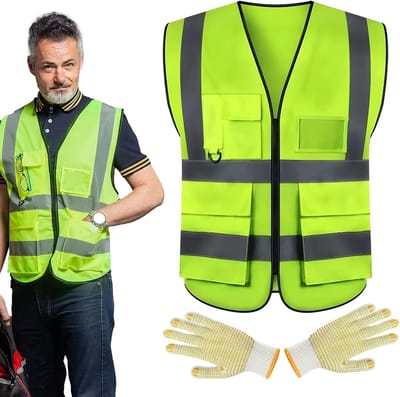 Famanu – Geel XXXL veiligheidsvest van mesh met zakken en rits - Hoge zichtbaarheid groot reflecterend vest jas voor dames en heren volwassen - Vis vest met zakken
