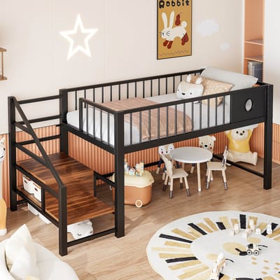 DESMIU Kinderhoogslaper 90x200cm - Ruimtebesparend Bed Met Opbergleider - Metalen Bedframe Voor Kinderkamer En Tienerkamer - Zwart Zonder matras