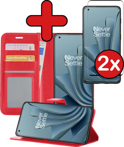 Hoesje - Met 2x Screenprotector - Geschikt voor OnePlus 10 Pro - Luxe Pasjeshouder - Flip Case - Bookcase Portemonee - Kunstleer Book Case - Flipcase Hoes - Book Cover - Walletcase - Portemonneehoes - Telefoonhoes - Rood