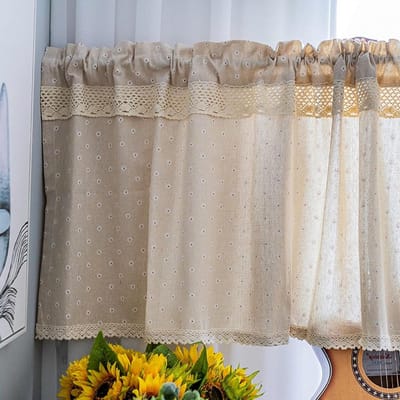 Kort Gordijn - Keukengordijn Valance - Raamdecoratie Keuken - Katoen Linnen Kant - 140B x 80H cm - Madeliefje