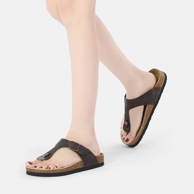 EVER AU Women Flamingo Leather Toe Thong Sandalen - Bruin Geolied Leer