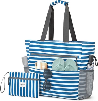 Ruime Waterdichte Strandtas voor Vrouwen met Ritsvak en Make-up Tas, Ideaal voor Vakantie en Dagje Strand, Navy Blauw Streep, 50L