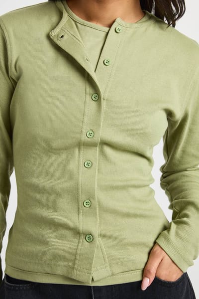 boohoo Dames Geribbelde Dubbele Laag Doorknoop Top | Olive | Maat: 6