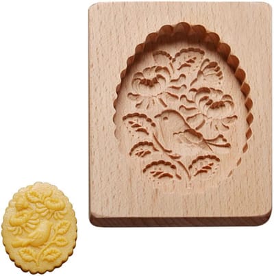 VHV - Koekjesstempel - Koekjesvorm - Houten bakvorm - Biscuit vorm - Gegraveerd - Hout - Makkelijk uitneembaar - Voor bakken en keuken - Bloemen- en vogelpatroon - Houtkleur