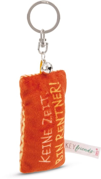 Sleutelhanger mini knuffelkussen "Geen tijd, ik ben met pensioen!" 8 cm met belletje