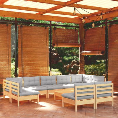 vidaXL - 10-delige - Loungeset - met - grijze - kussens - massief - grenenhout