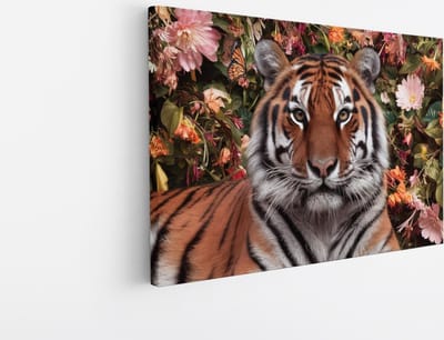 Saammp Canvas Schilderij - Tijger tussen de bloemen - Dieren - 30x20 - Foto op canvas - Wanddecoratie - muurdecoratie Woonkamer - Slaapkamer decoratie - Canvas Print