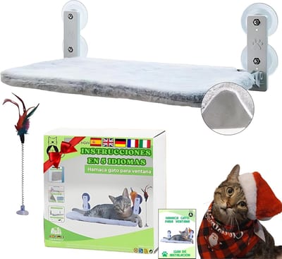 Famanu – Kattenraam hangmat, opvouwbaar raamkattenbed met en sterke zuignappen, grijs