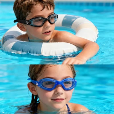 Kinder Zwembril Zwart Transparant Glas met Vastgemaakte Oordoppen – Waterdicht Anti-Waas en UV-Beschermd voor Zwemles, Zwembad en Strand