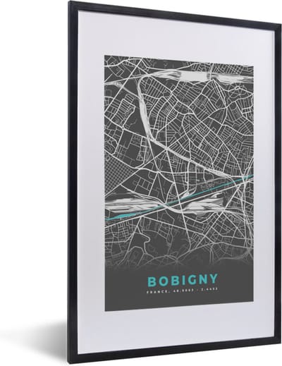 Fotolijst incl. Poster - Kaart – Stadskaart – Frankrijk - Bobigny - Plattegrond - 40x60 cm - Posterlijst