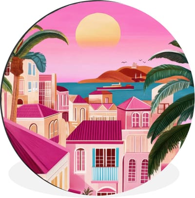WallCircle - Wandcirkel - Muurcirkel - Stad - Roze - Palmbomen - Aluminium - Dibond - 30x30 cm - Binnen en Buiten