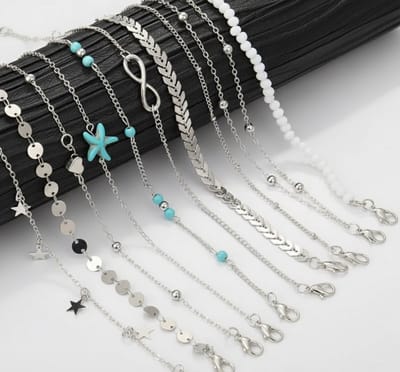 10 Zilverkleurige enkelbandjes set voor dames – enkelketting set met kralen, sterren en muntjes – verstelbare enkelbandjes – zomerse sieraden