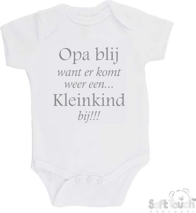 100% katoenen Romper "Opa blij want er komt weer een kleinkind bij!!!" Unisex Katoen Wit/grijs Maat 56/62