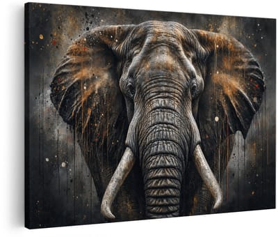Artaza Canvas Schilderij Olifant Hoofd - Zwart Grijs Met Spatten - 90x60 cm - Wanddecoratie Woonkamer - Schilderijen - Muurdecoratie