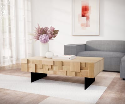 Bijzettafel Puzzle natuur eik 120 cm 4 laden Onderstel zwevend metaal zwart Salontafel