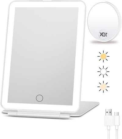 Oplaadbare Reismake-up Spiegel met Verlichting, 10x Vergrotende Spiegel, Draagbare Lichtgevende Make-up Spiegel met 80 LED, 2000 mAh Accu, 3 Kleurverlichting en Touch Dimming Functies
