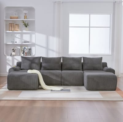MIVRAY Set 333 x 174 x 80 cm - Modulaire 4-Zits Bank Met Cuphouder En Opbergtas - Voor Woonkamer En Familiekamer - Corduroy Donkergrijs