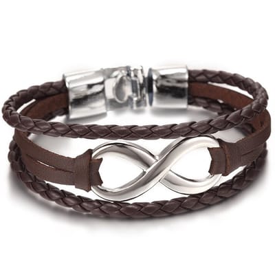 Leren Armband - Bruin Leer met Stalen Infinity Hanger - Armbanden Heren Dames - Papa Cadeau Voor Mannen - Vaderdag