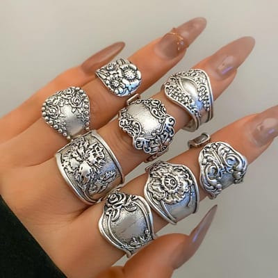 8 Stuks Overdreven Vintage Ring Knokkelring Set Retro Kantpatroon Open Ring Set Westers Geschikt Voor Feest Festival En Dagelijks Gebruik gray