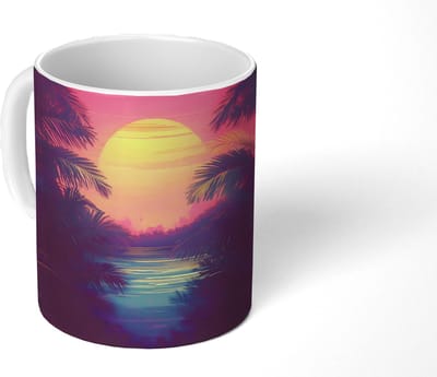 Mok - Koffiemok - Zon - Geel - Palmbomen - Tropisch - Mokken - 350 ML - Beker - Koffiemokken - Theemok